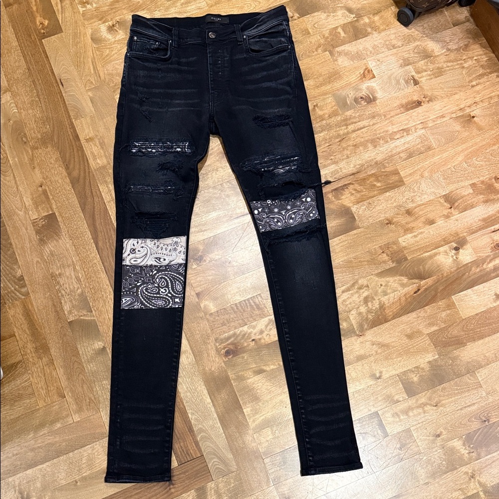 Women's Black Distressed Jeans with Bandana Accents